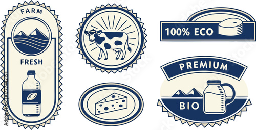 A collection of nine circular, rectangular, and banner-shaped logos or badges centered on dairy products. The logos are primarily blue and gold, with white and cream accents, featuring illustrations a