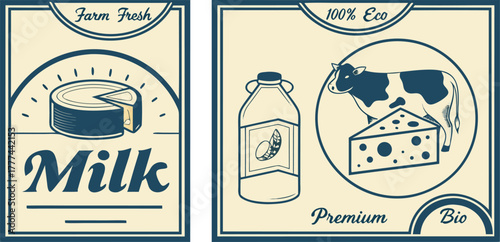 A collection of nine circular, rectangular, and banner-shaped logos or badges centered on dairy products. The logos are primarily blue and gold, with white and cream accents, featuring illustrations a