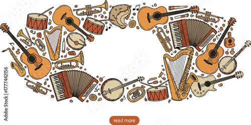 Musical Instruments Composition with Guitars, Trumpets, Accordions, and Drums on White