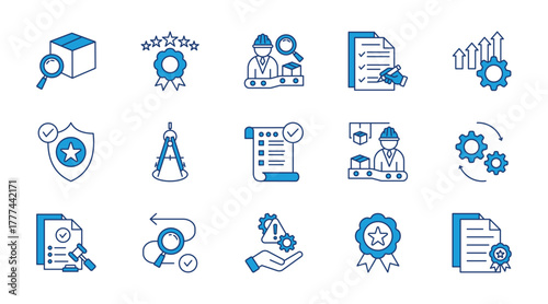 Quality control thin blue icon set. Containing quality, inspection, evaluation, improve, quality assurance, calibration, validation, production, processs, compliance. Vector illustration