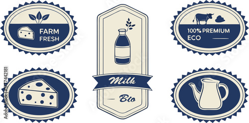 A collection of nine circular, rectangular, and banner-shaped logos or badges centered on dairy products. The logos are primarily blue and gold, with white and cream accents, featuring illustrations a
