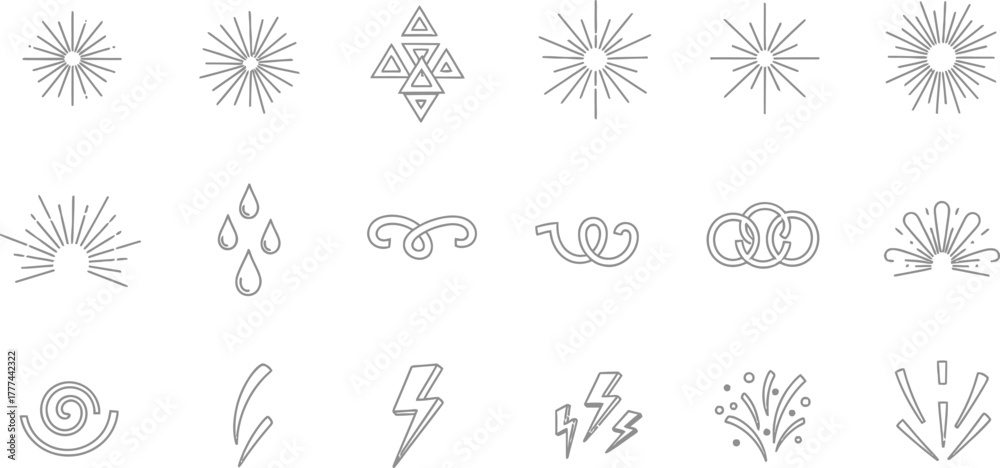 Fototapeta premium Outline Design Set Sunbursts, Raindrops, Swirls, Lightning on Transparent Background