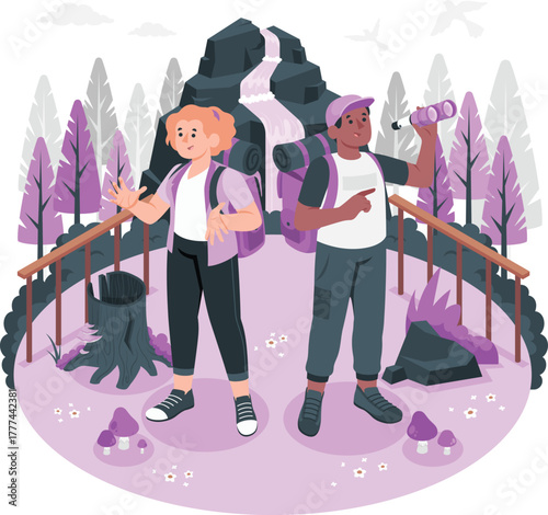 Two hikers with backpacks observe a waterfall and forest landscape hiking trekking