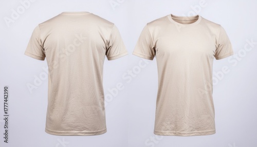 Two blank beige t-shirts, one showing the front and the other the back, against a light background.