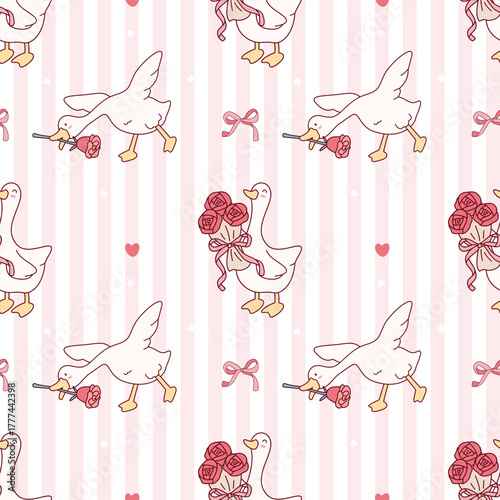 A cute seamless pattern of cartoon geese holding rose bouquets and single roses, featuring pink stripes and hearts. Perfect for Valentine's Day or romantic fabric designs.