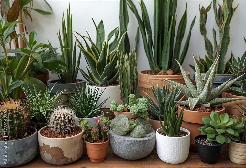 Obraz premium Modern composition of home garden filled a lot of beautiful plants, cacti, succulents, air plant in different design pots. Stylish botany interior. . Home gardening . 