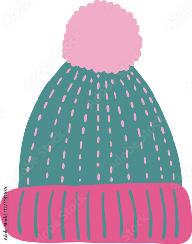 Winter Knit Beanie Hat with Pom Poms Isolated Cute Christmas Doodle Clipart
