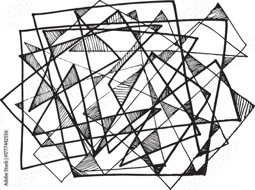 Abstract black and white geometric shapes, forming a dynamic composition of squares and triangles. A modern art form that represents structure