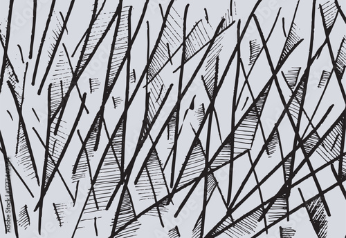 Abstract black lines and geometric shapes creating a modern and artistic design on a light background. 