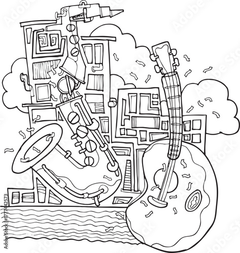 Urban Session: A Monochrome Illustration of Music and City Elements