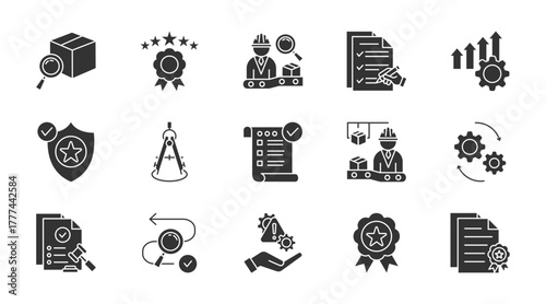 Quality control thin glyph icon set. Containing quality, inspection, evaluation, improve, quality assurance, calibration, validation, production, processs, compliance. Vector illustration