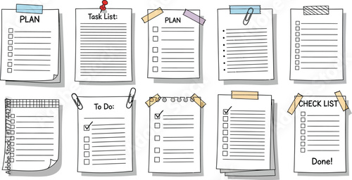 Paper Sheets Collection with Task List, Checkboxes and Notes Isolated on White