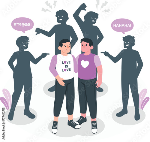 Two men wearing love is love shirts surrounded by angry silhouettes gay couple bullying