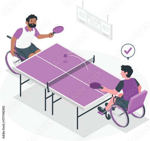 Two men in wheelchairs playing table tennis with scoreboard active athlete