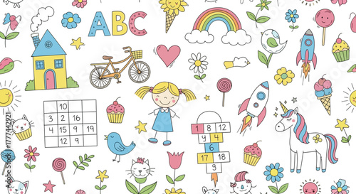 Playful Doodles with Blond Girl, Unicorn, House, Rocket, ABC Letters on White Background