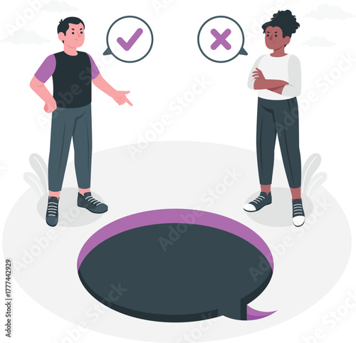 Two People Arguing with Checkmark and Cross Symbols argument disagreement
