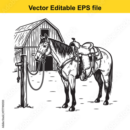 Black and white illustration of a saddled horse tied to a post in front of a barn