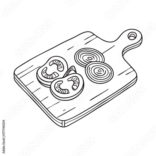 Cutting board arranged with chopped tomatoes peppers and onions