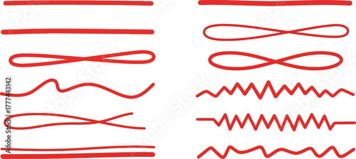 Red Line Collection Straight, Wavy, Zigzag, and Looped Lines on White Background