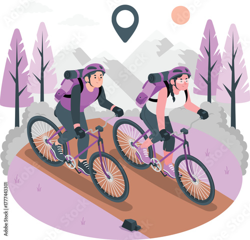 Two people cycling with backpacks in a mountainous landscape bicycle travel