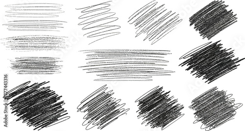 Scribble Textures Set, Hand Drawn Charcoal Strokes Elements on White Background