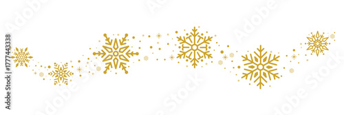 Abstract golden snowflakes border isolated on white background. Christmas card with snowfall, star, sparkling and glitter texture. Luxury New year 2025 ornament.