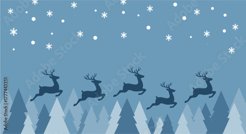 Silhouette of five reindeer flying above a forest with falling snowflakes, festive winter scene.