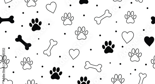 Seamless Pattern Black and White Paw Prints, Bones, Hearts, Dotted Details, Canine
