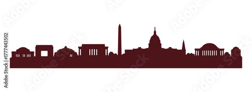 Horizontal banner featuring the skyline of Washington city. A red silhouette of Washington. Vector template for your creative projects.