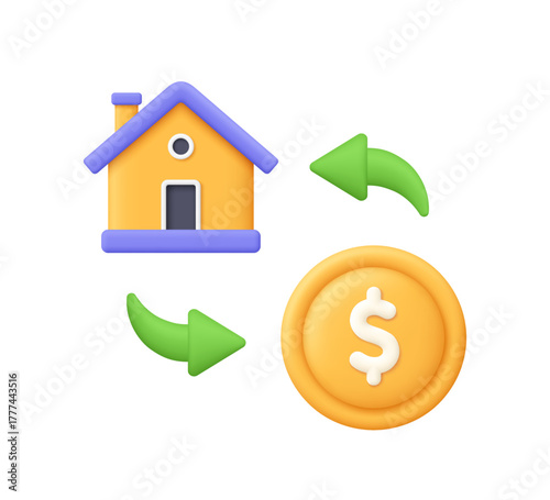 Yellow house and coin with green arrows forming cycle. Finance, banking, mortgage, real estate investment, rent payment and housing market transaction concept. 3d vector icon. Cartoon minimal style.