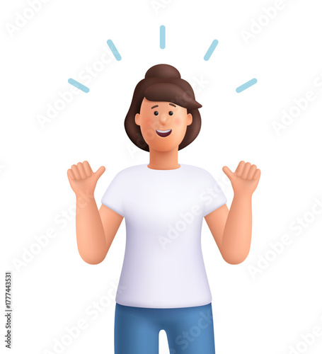 Young smiling woman Jane pointing at herself with both thumbs. Positive energy, suggesting pride, confidence and achievement concept. 3d vector people character. Cartoon minimal style.