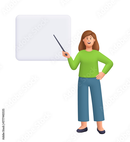 Young smiling woman Kate standing next to blank whiteboard and holding pointer stick. Education, business, presentation and teaching concept. 3d vector people character. Cartoon minimal style.