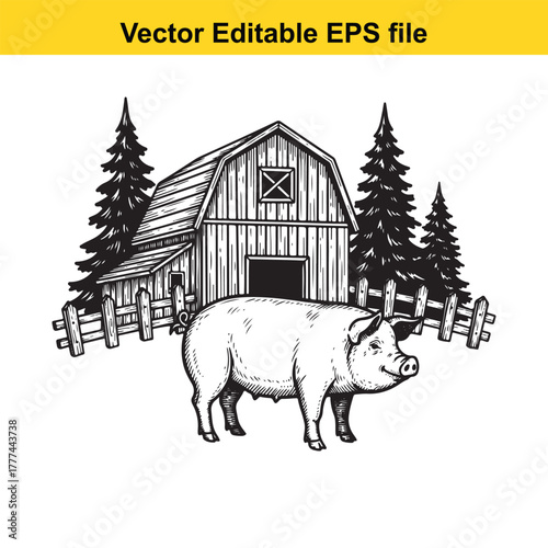 A detailed black and white sketch of a pig in profile, positioned before a barn, flanked by pine trees and a fence
