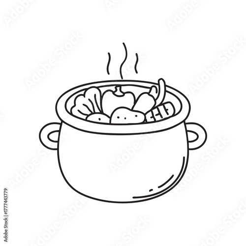 Earthenware pot containing vegetables cooked slowly over heat
