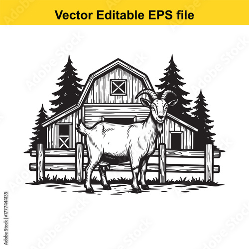 A detailed black and white illustration of a goat standing in front of a rustic barn, surrounded by pine trees and a wooden fence