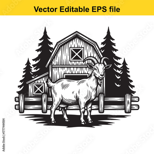A detailed black and white illustration of a goat standing in front of a rustic barn, surrounded by pine trees and a wooden fence