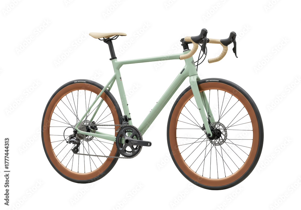 Fototapeta premium Isolated light green modern road bike with drop bars and disc brakes on no background