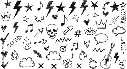 Sketchy Doodle Elements featuring arrows, stars, skull, music notes on white