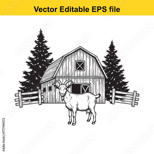 A detailed black and white illustration of a goat standing in front of a rustic barn, surrounded by pine trees and a wooden fence