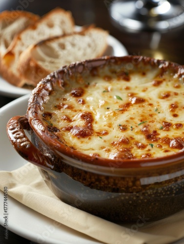 Tasty French onion soup topped with melted cheese and golden crust served in a deep bowl