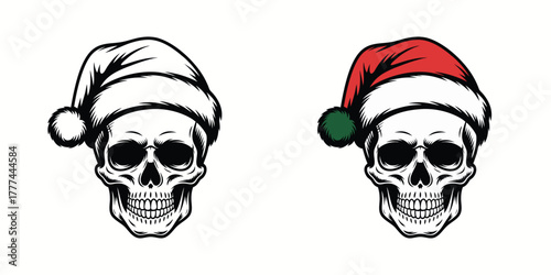 Santa Skull Christmas Vector Illustration | Gothic Holiday Skull Wearing Santa Hat | Dark Winter Festive Artwork