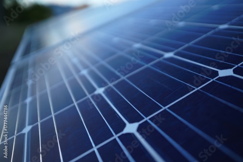 Closeup, angled view of a blue solar panel, showing the grid of photovoltaic cells and reflective surface