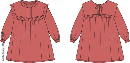 long sleeve dress, fashion sketch, ruffle yoke detail, gathered cuff, front back view, technical illustration, garment design, sewing template