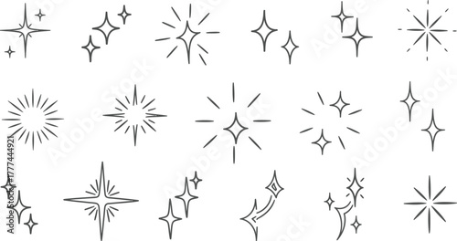 Starburst Line Art Collection, Hand Drawn Doodle Stars Isolated on White Background