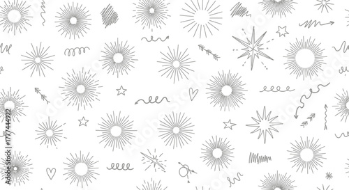 Starburst HandDrawn Light Rays, Doodle Swirls, Heart, Star Element on White Backdrop