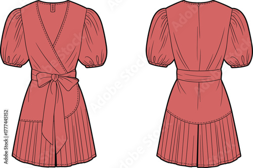 short dress fashion sketch, wrap bodice illustration, puffed sleeve garment, pleated skirt template, sash belt design, front back view