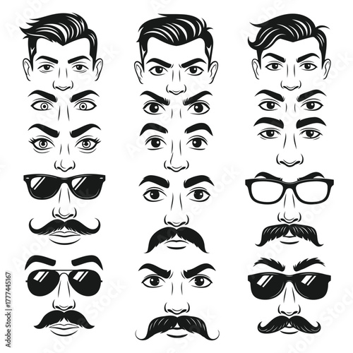Set of retro hipster mustache collection and man face expressions
