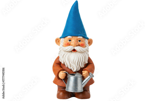 Isolated gnome figurine holding watering can, garden statue with blue hat and white beard