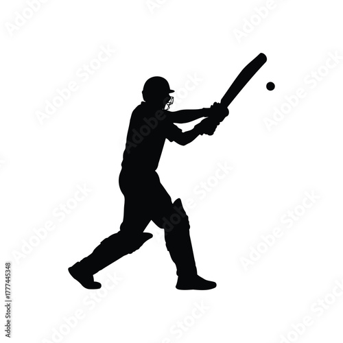 Silhouette of cricket batsman hitting ball with bat against white background