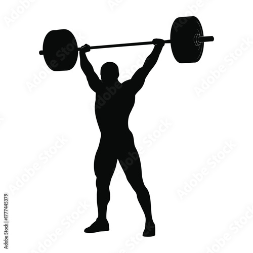 Silhouette of weightlifter lifting heavy barbell overhead strong athlete workout